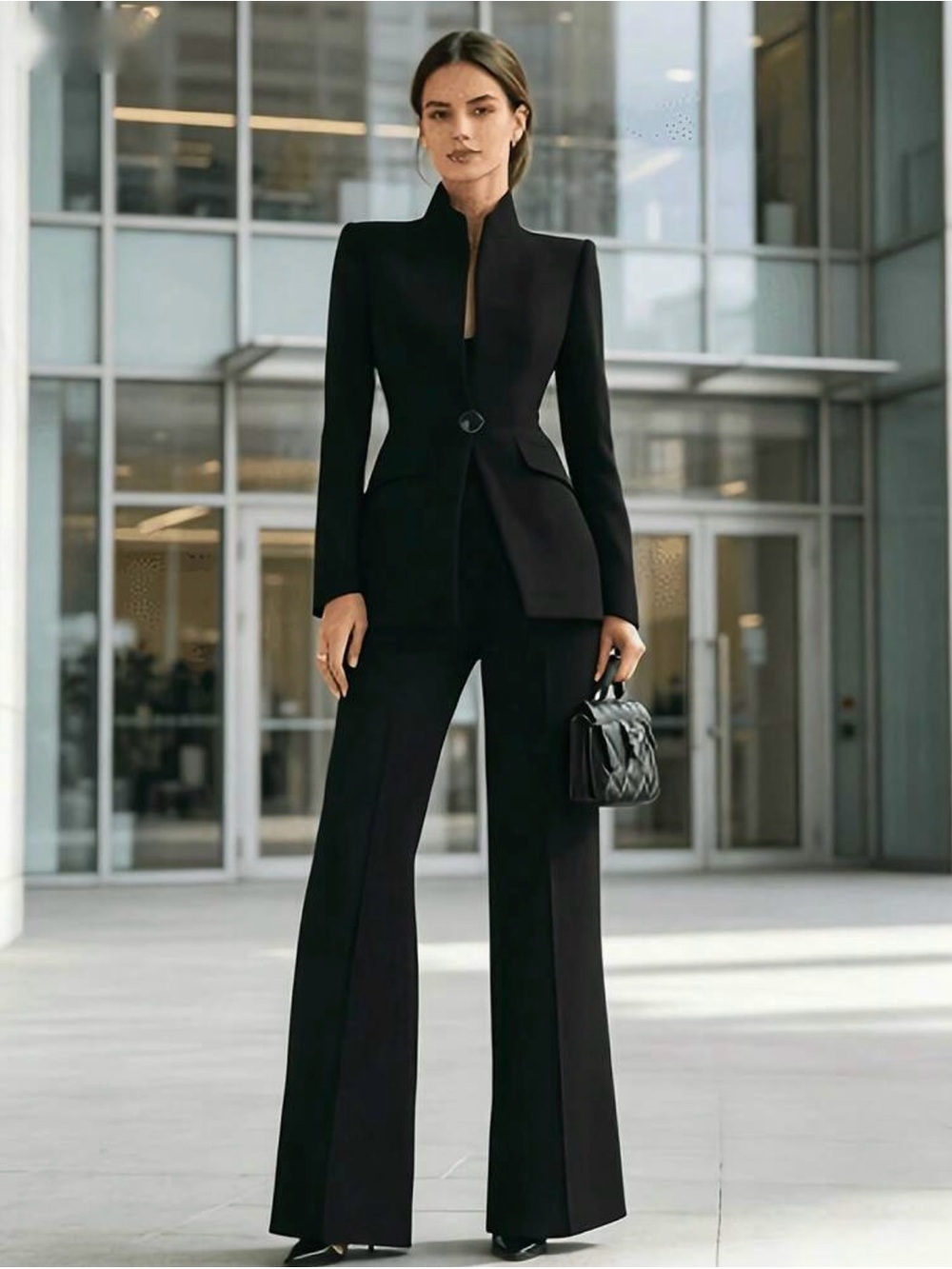 Tailored Black Suite & High-Waist Wide-Leg Pants